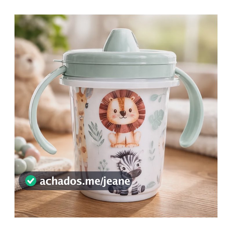 Copo Infantil Treinamento Divertido Com Bico Tampa Alça  Verde-claro Safari