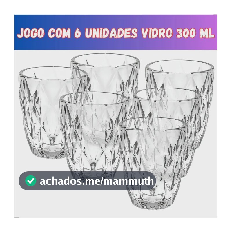 Jogo 6 Copos Vidro Diamante Grosso Resistente Agua 300ml Branco Ms Variedades