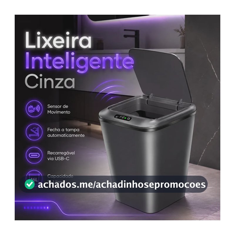 Lixeira Inteligente Sensor Automático 16l Cinza Smart Recarregável Para Banheiro E Cozinha