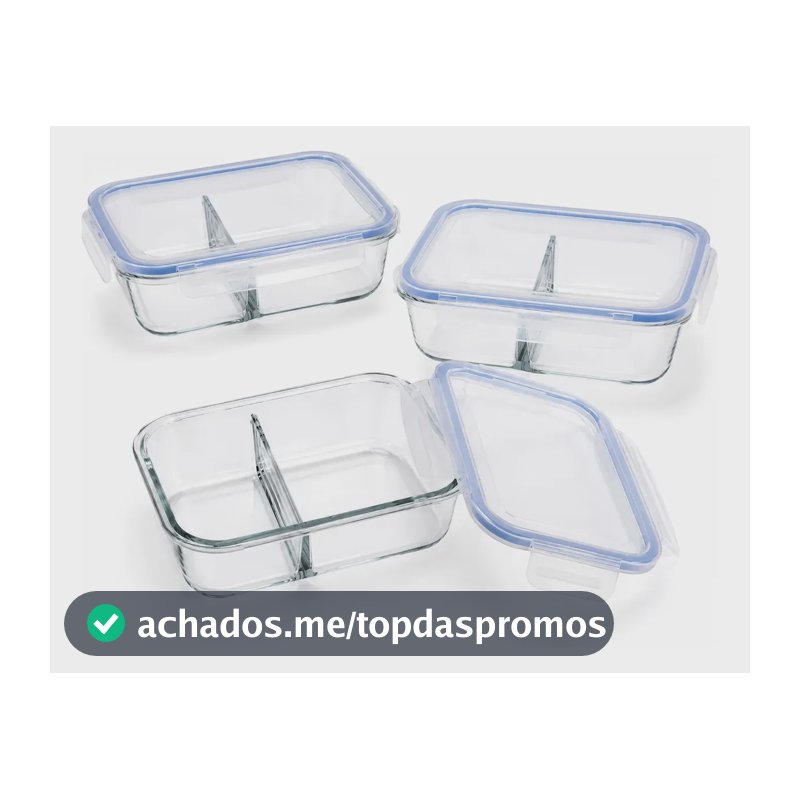 Conjunto 3 Potes Hermético Vidro C/ Divisória Marmita 640ml Transparente