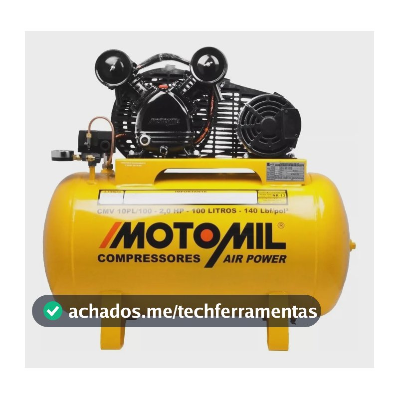 Compressor de ar 2hp 140psi Cmv-10pl/100a Motomil cor amarelo fase elétrica monofásica fequência 60 Hz