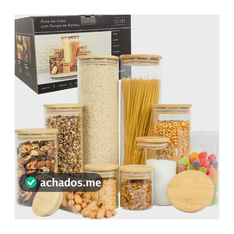 Kit 10 Potes Herméticos Vidro Tampa Bambu Seiri Para Mantimentos Cozinha