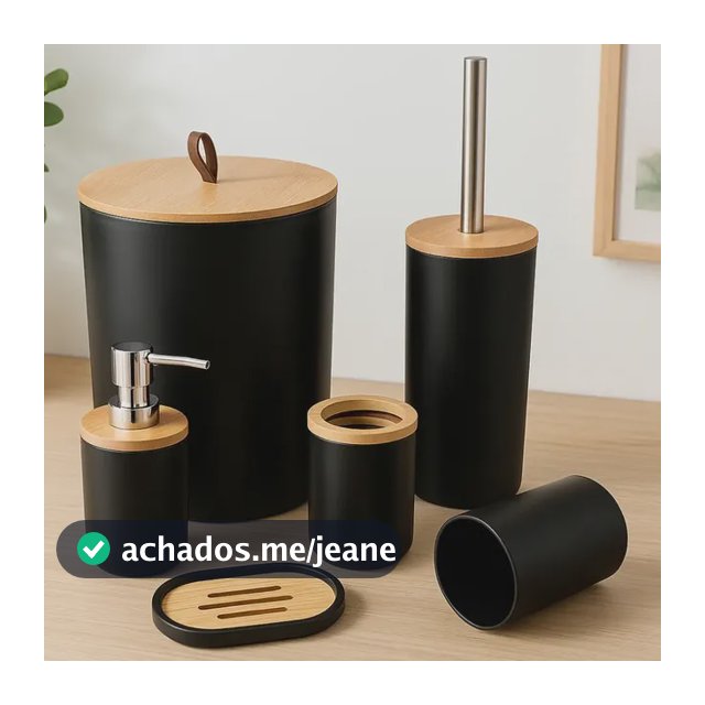 Kit Conjunto Banheiro 6 Peças Lixeira Tampa Bambu Fechada