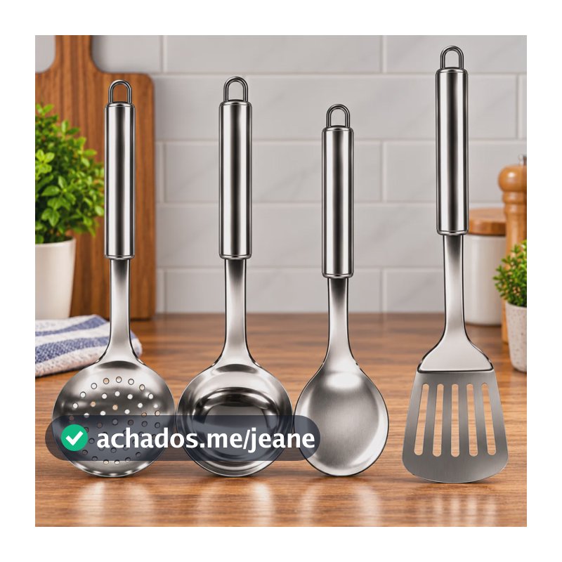 Kit 4 Utensílios Cozinha Aço Inox Concha Colher Escumadeira Prateado