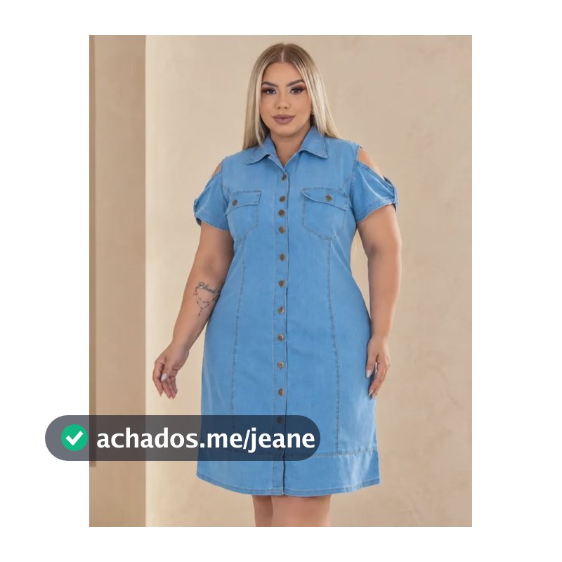 Vestido Jeans Plus Size Ombro Vazado 100% Algodão Evangélico Jeans Claro 50