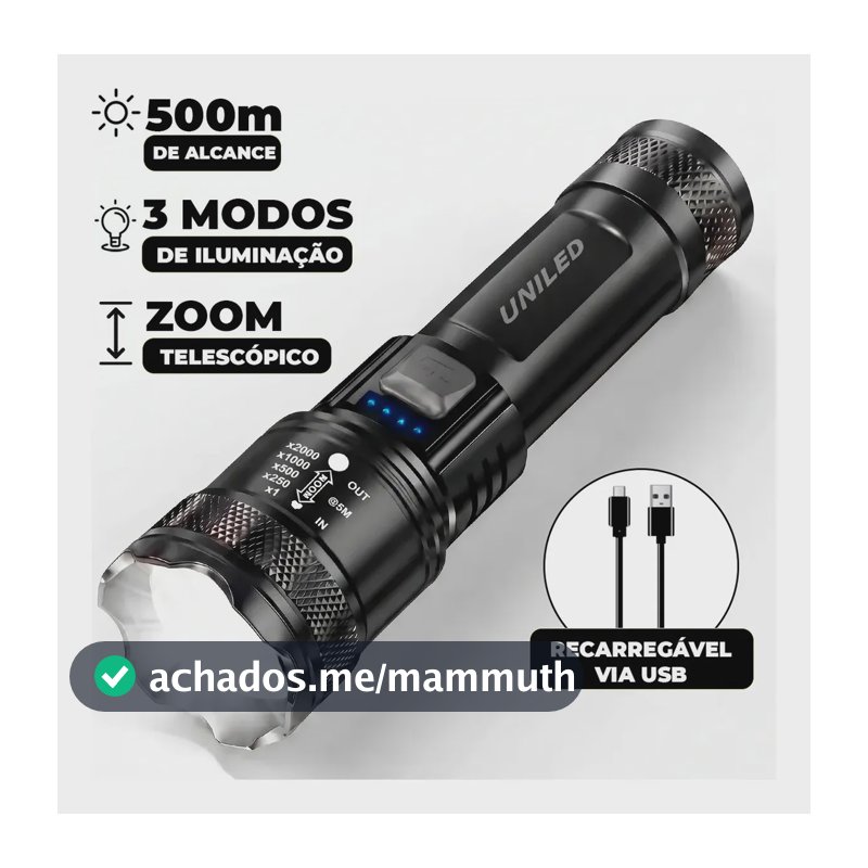 Lanterna Militar Tatica LED Mais Forte do Mundo 1000m Potente Zoom Telescópico Alto Brilho Resistente Agua Sitio Fazenda UNILED
