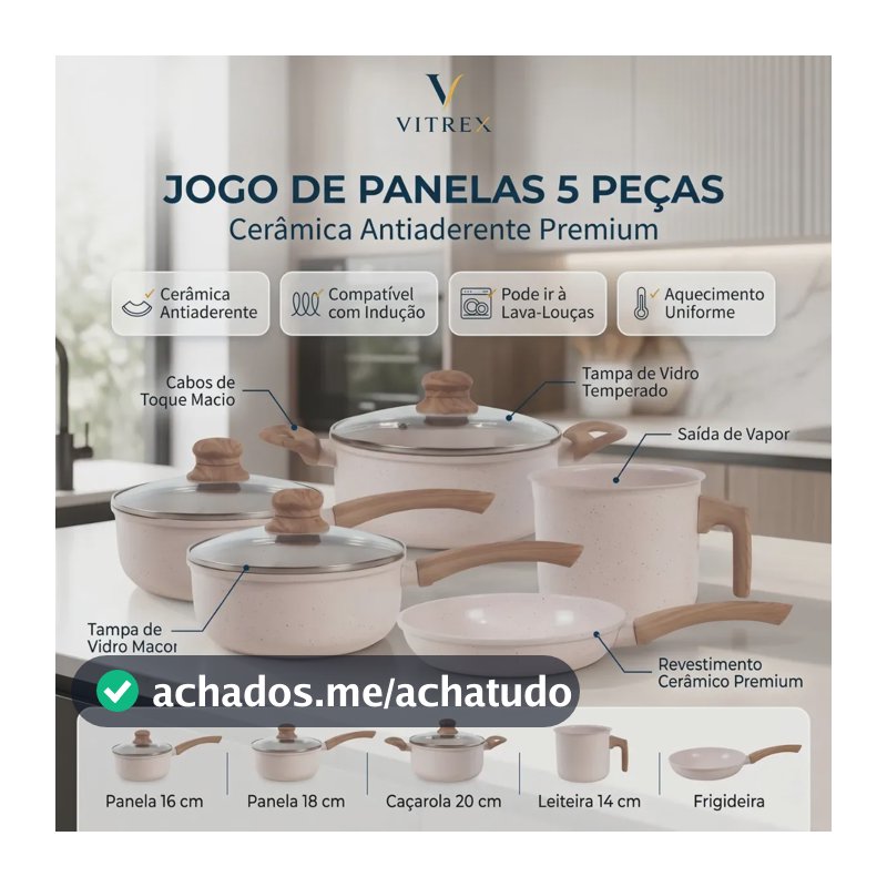 Jogo De Panelas Cerâmico Triplo Indução Vitrex Ecoglid 5 Peças Cor Baunilha