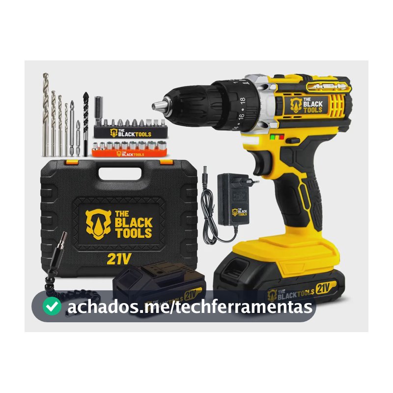 Parafusadeira Furadeira Profissional A Bateria 21V 3/8” 10mm 1400Rpm Com 2 Baterias E Acessórios The Black Tools