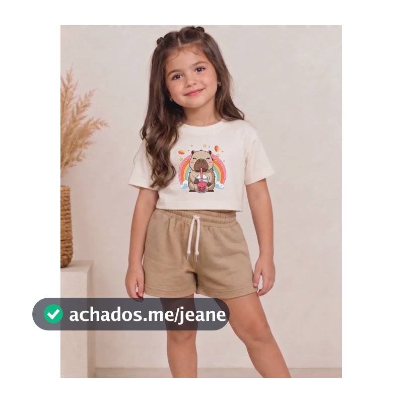 Conjunto Infantil Menina Short E Cropped Estiloso Criança Bege-capivara 1+2