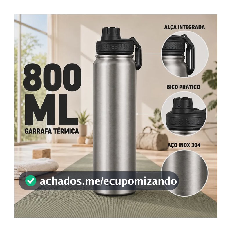 Garrafa Térmica 800ml Isolada A Vácuo Aço Inox Água Gelada Esporte Academia com Alça Prata Sólar