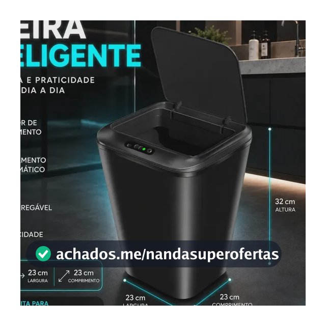 Lixeira Smart Inteligente 16 Litros Quadrada Sensor De Movimento Automático No Touch Preta