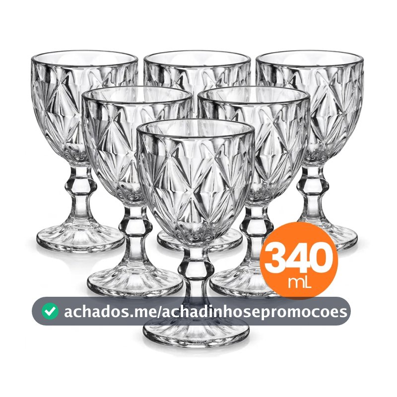Jogo 6 Taças Vidro Diamond 340ml Conjunto Mesa Posta Água Suco Cozinha Decoração Presente