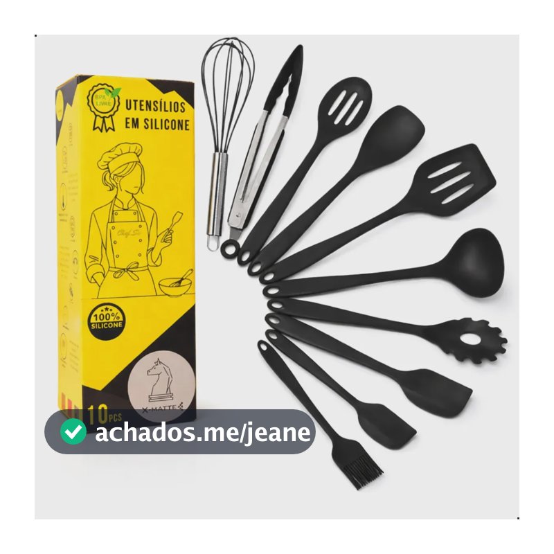 Conjunto de Utensílios X-Matte para Cozinha, 10 Peças em Silicone Preto Que Não Risca