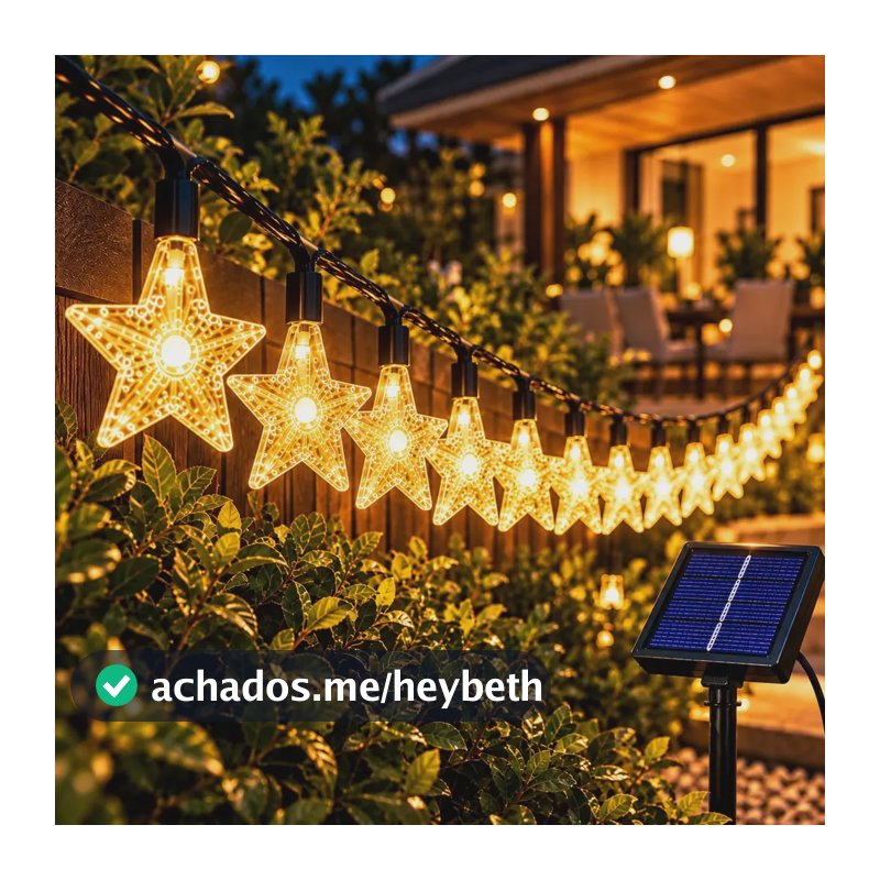Cordão Solar Natal 20 Luzes 3 Metros Com Funções Decorativo Estrela Branco Quente Energia Solar