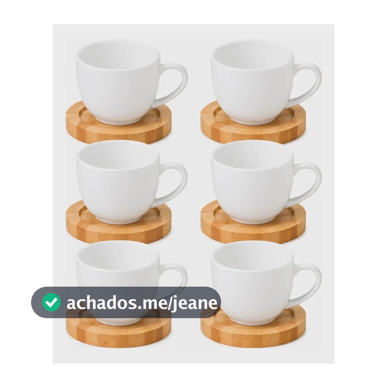 Jogo 6 Xicara Café Porcelana Branca  Peça Pires Madeira 95ml Branca Liso
