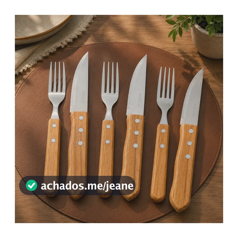 Kit 6 Peças Garfo E Faca Jumbo Wooden Perfeito P/ Churrasco