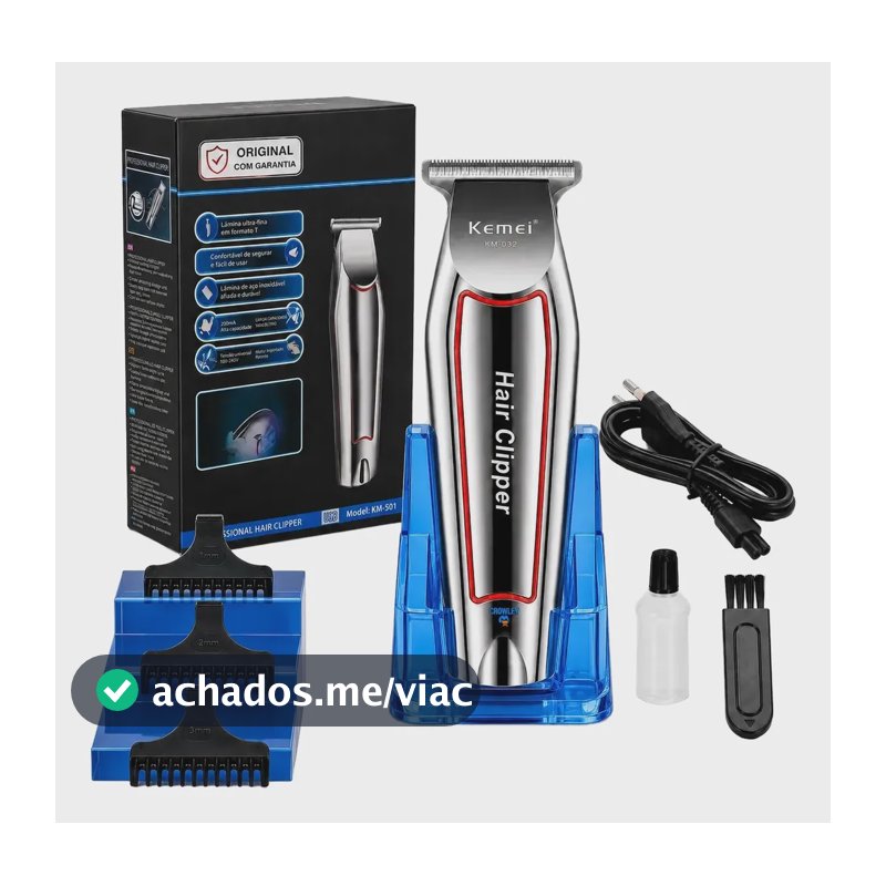Maquina Acabamento Cortar Cabelo Barba E Pelos Kemei 032 Prateado 127/220v