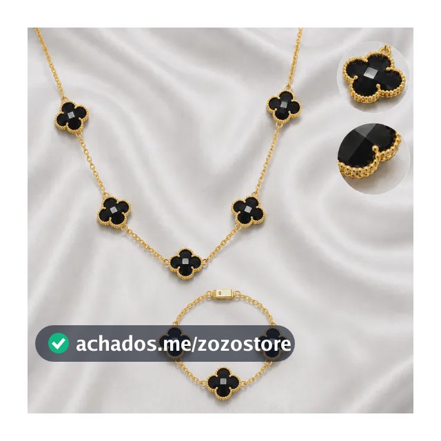 Kit Cordão +pulseira Trevo Van Cleef Preto 100% Moeda Antiga Dourado