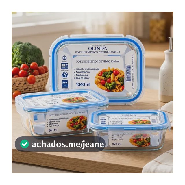 Kit 3 Potes Herméticos Retangular De Vidro 370 640 E 1040ml Transparente
