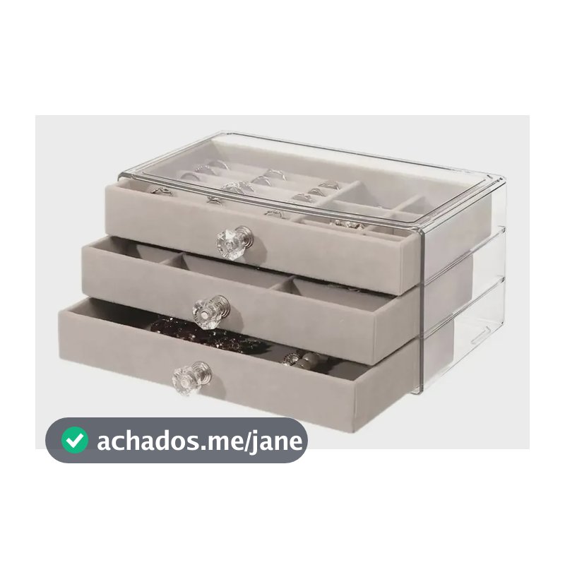 Porta Joias Veludo Com Acrílico 3 Camadas Gavetas Divisória Cinza