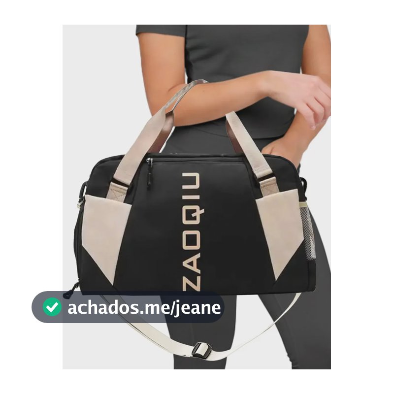 Mala Esportiva Bolsa Feminina Organizadora Passeio Viagem Cor Preto Correia de ombro Bege Desenho do tecido Liso
