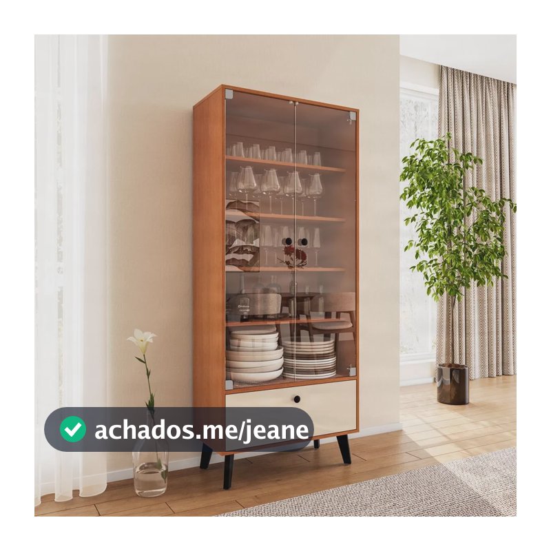 Cristaleira Londres 2 Portas Vidro 1 Gaveta Sala 75cm Creme/freijó