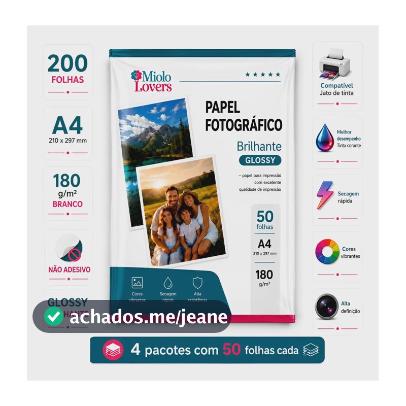 Papel Fotográfico A4 Glossy 180g Kit 200 Folhas Premium Branco