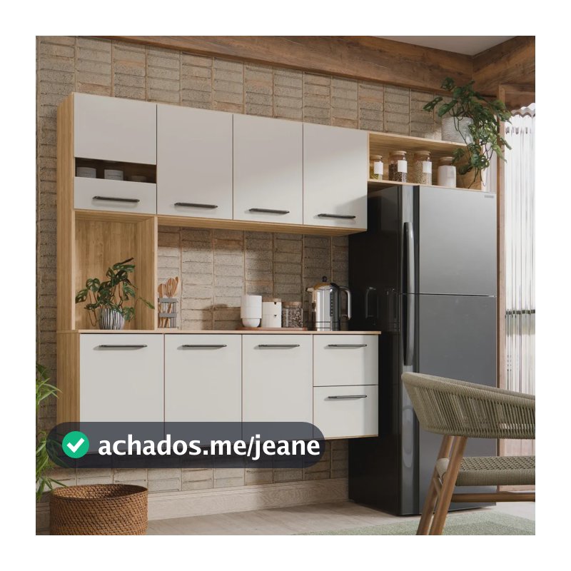 Armário de Cozinha Completa Aéreo 7 Portas e 2 Gavetas Planejada Suspenso Branco Off White Carvalho Nature Amadeirado Juliana
