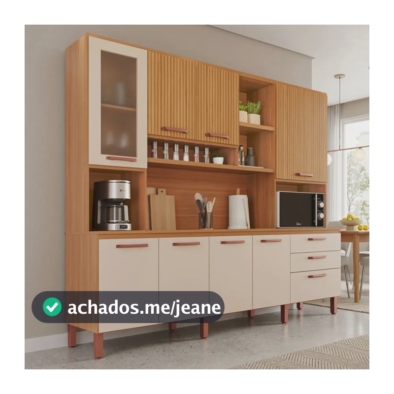 Armário De Cozinha Diana 100% Mdf Tuboarte Cor Freijó Off White Canelado
