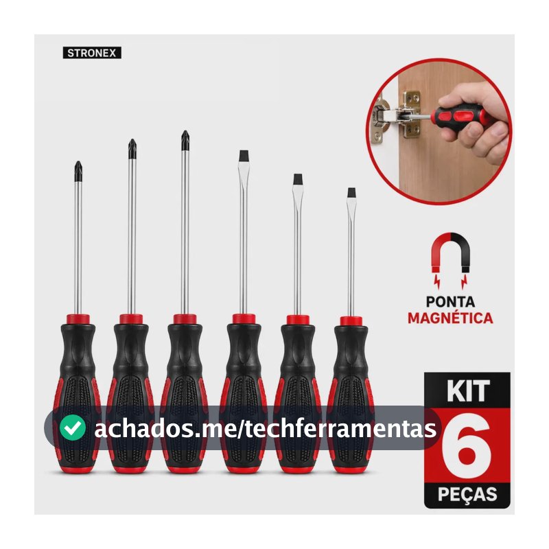 KIT CHAVE DE FENDA JOGO COM 6 CHAVES PEÇAS PHILLIPS MAGNÉTICA IMANTADA COM IMÃ PARA PARAFUSO CABO EMBORRACHADO AÇO CARBONO STRONEX
