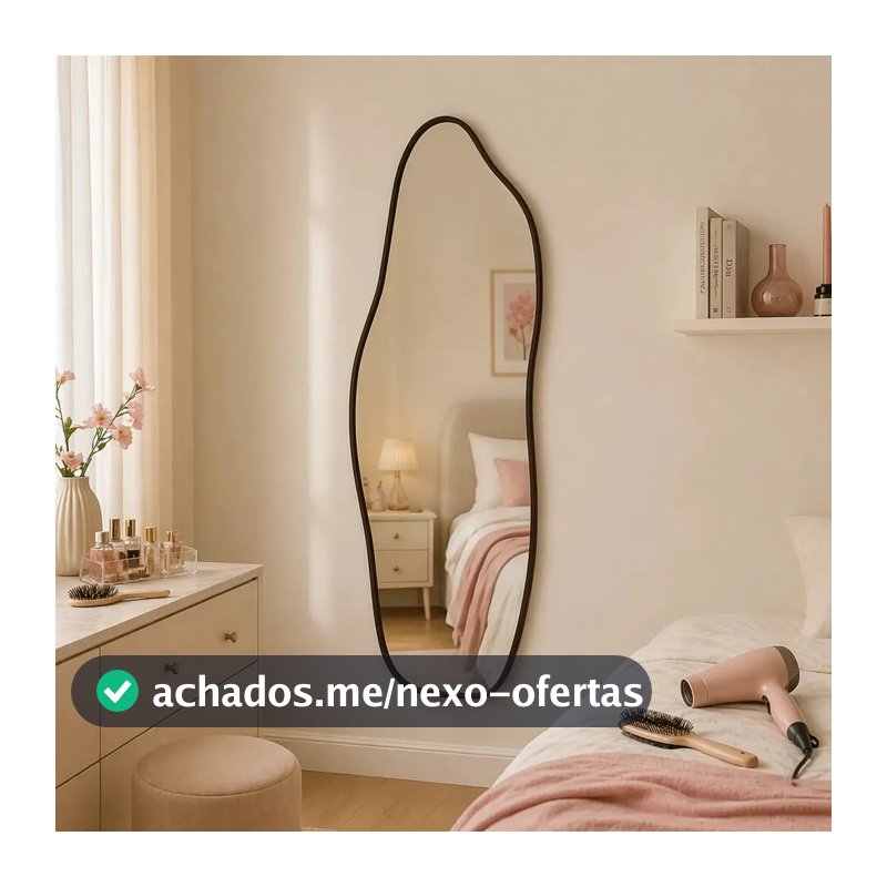 Espelho Orgânico 70x30cm Moldura De Couro Preto Decorativos Sala Premium Luxo Closet Corpo Inteiro Para Quarto Sala Camarim Hall Moderno Reforçado Prime Vmex