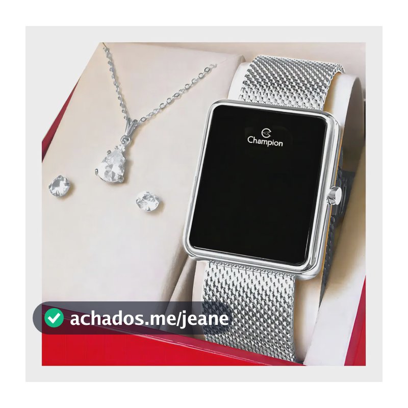 Relógio Feminino Champion CH40080T Prata Digital com Display Preto e Led Vermelho Pulseira em Aço Inoxidável com Kit Colar e Brincos