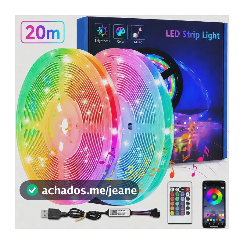 Fita Led Rgb 20m Usb Bluetooth App Controle Remoto Ip20 3535 Rgb 127/220v Usb