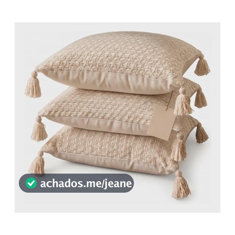 Kit Capa De Almofada Boho Pompom Piquet Cru  45x45 Bege Piquet