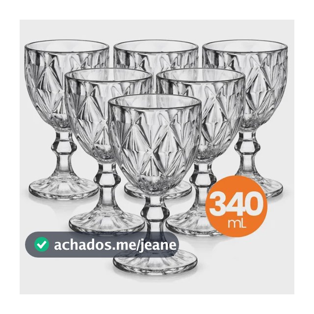 Jogo 6 Taças Vidro Diamond 340ml Conjunto Mesa Posta Água Suco Cozinha Decoração Presente Transparente