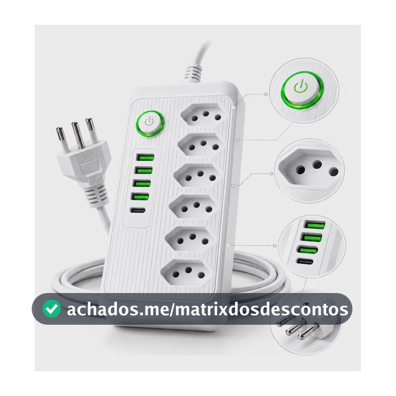 Extensão Régua Elétrica 5 Tomadas 4 Usb 2 Tipo C Cabo 2m Branco 127/220v