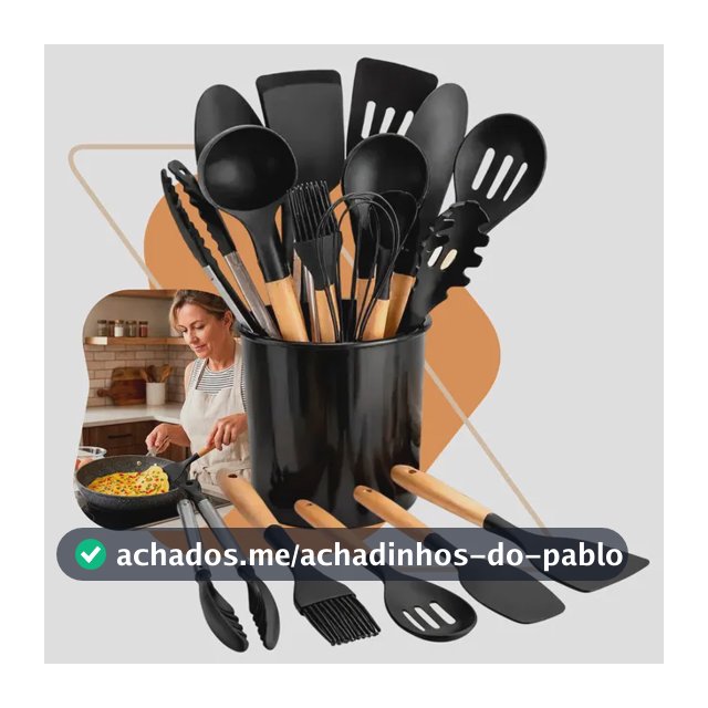Kit 12 Utensílios Cozinha Silicone Cabo Madeira Escumadeiras Preto