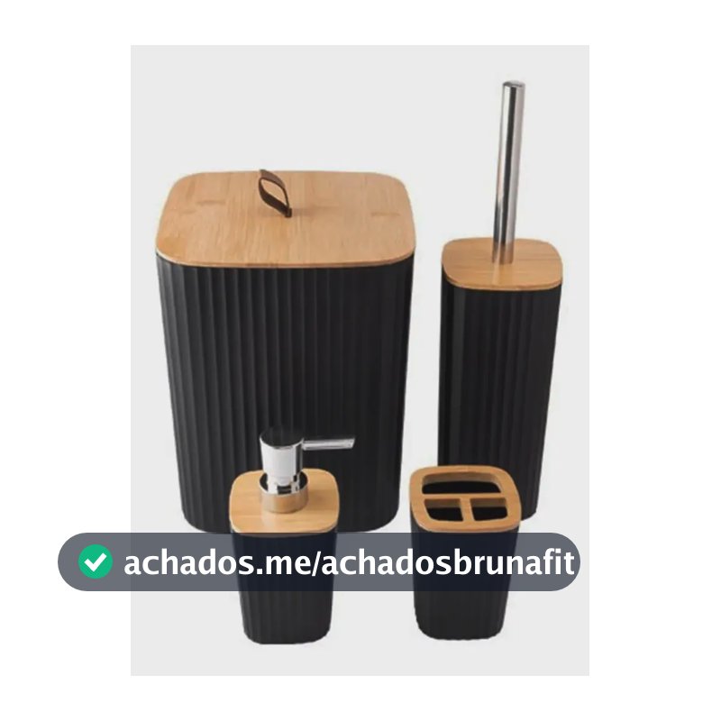 Kit Banheiro Preto 4 Peças Acessórios para Banheiro e Lavabo com Lixeira com Tampa Dispenser de Sabonete Líquido Porta Escova de Dentes e Escova Sanitária Plástico e Bambu Shokki