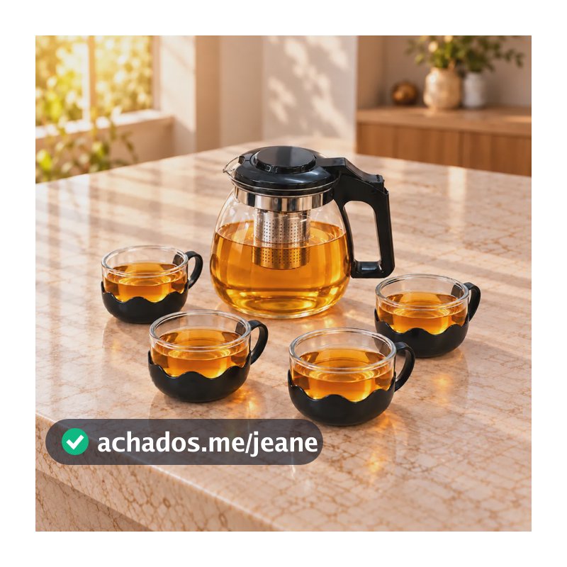 Chaleira Bule Vidro 950ml Com Infusor Inox E 4 Xícaras 150ml Transparente