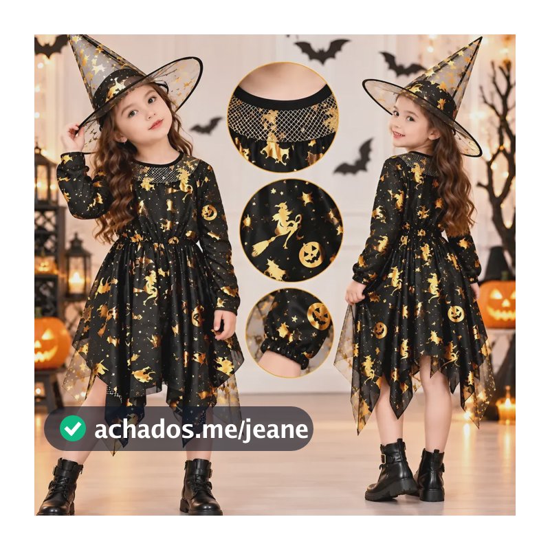 Fantasia Infantil Bruxinha Meninas Halloween Criança Chapeu Preto/dourado Tamanho P ( 2 A 3 Anos)