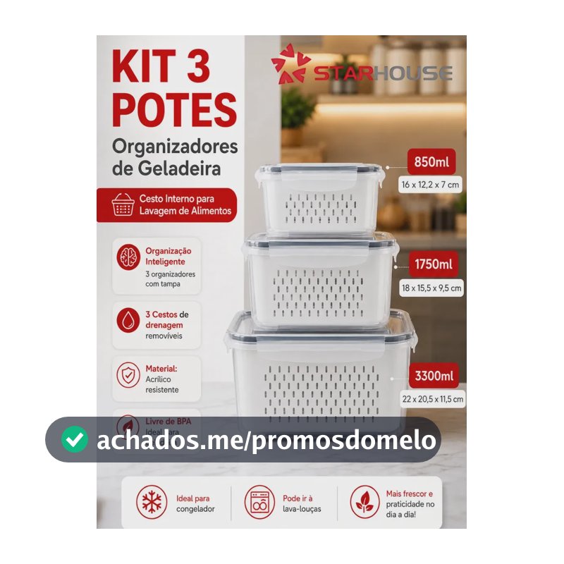 Kit 3 Organizadores Geladeira Alimentos Legumes Verduras Frutas Transparente Com Tampa Trava Hermético Escorredor - Starhouse