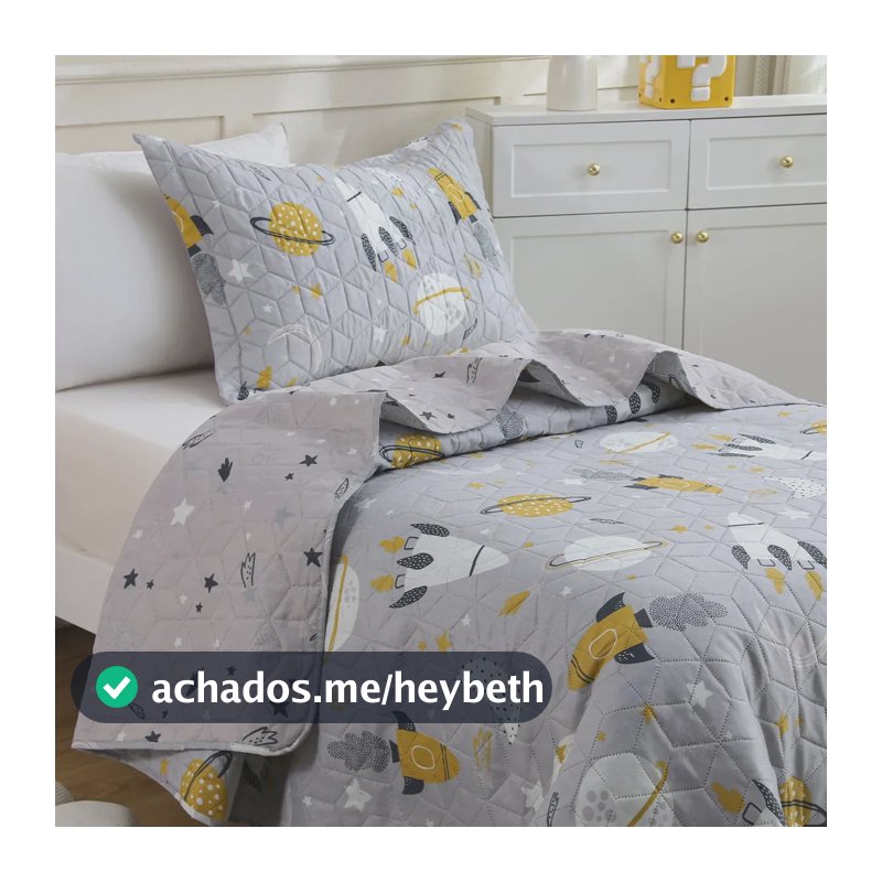 Kit Cobre Leito Colcha Solteiro Infantil 2 Peças Boutis Dupla Face Porta Travesseiro Aba Americana Espaço Cinza