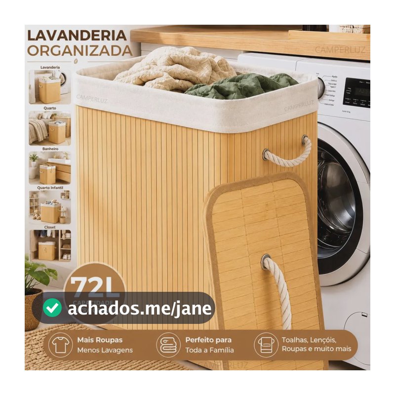 Cesto Organizador De Roupa Bambu Dobrável Retangular Com Tampa Forro e Alças 72 Litros Grande Capacidade Reforçado Caixa Organizadora para Brinquedos - Marca Macater