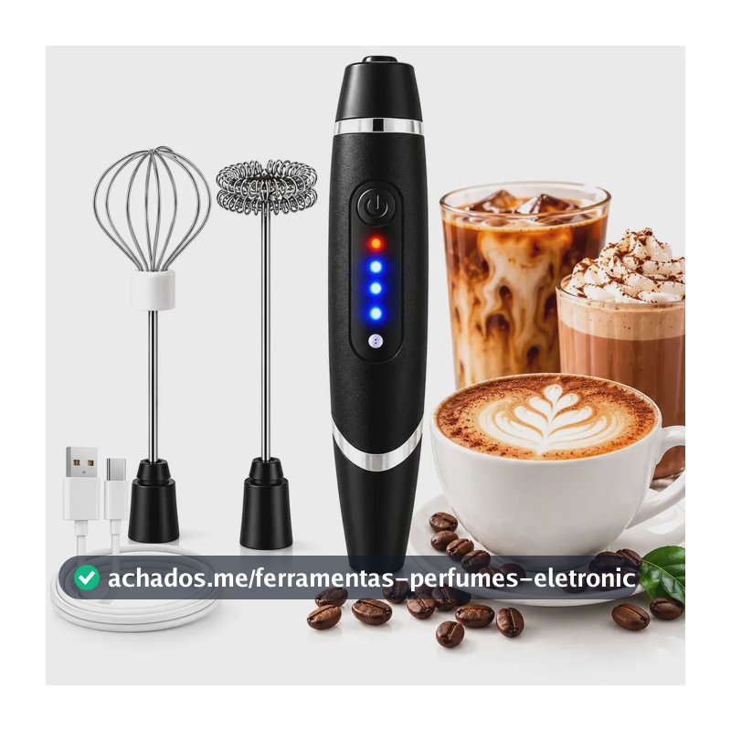 Mini Mixer Elétrico Recarregável USB 3 Velocidades – Espumador de Leite Profissional em Aço Inoxidável – Misturador Portátil para Cappuccino, Café, Matcha, Shakes e Ovos