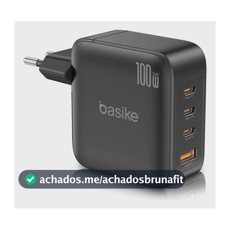Carregador Basike GaN de Parede 100W, com 3 USB-C e 1 USB-A, para MacBook, iPhone e Samsung