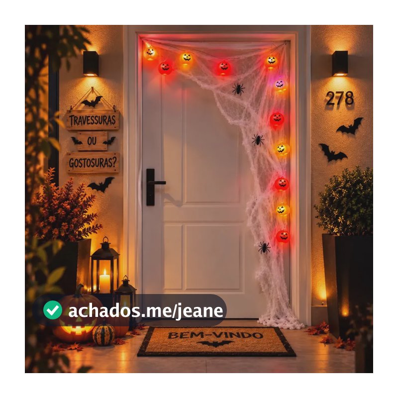 Enfeite De Porta Decorada Assustadora Varal Abóbora Led e Teia Kit Halloween Nuun