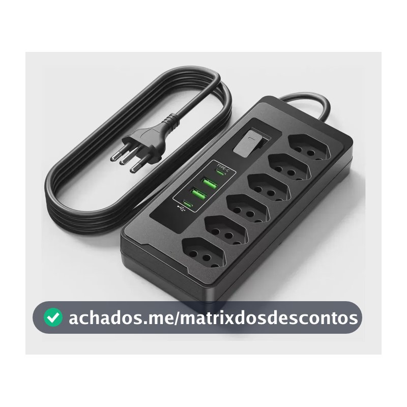 Filtro de Linha para 6 Tomadas com 2 USB e Proteção Contra Sobrecarga, Cabo de 2 Metros e 10A