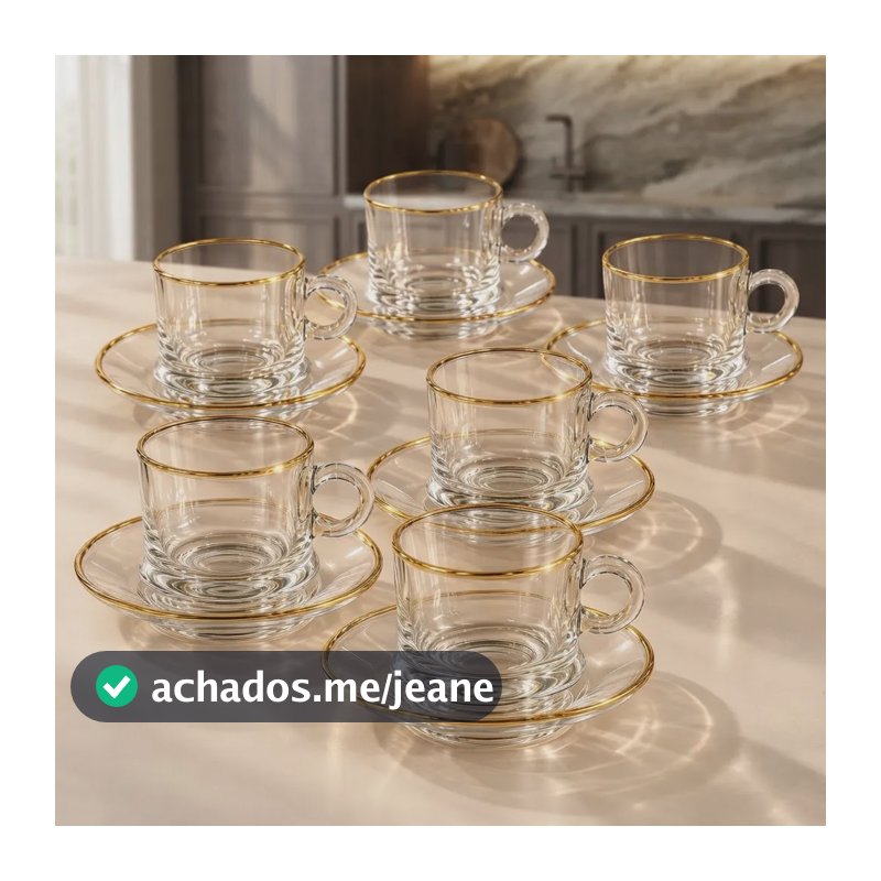 Jogo De 6 Xícaras De Café Com Pires Vidro Com Borda Dourada Branco Vidro Cristal
