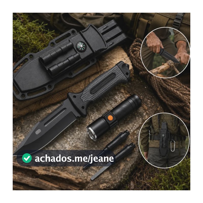 Kit Sobrevivência com Faca Tática de 14 cm, Lanterna e Pederneira