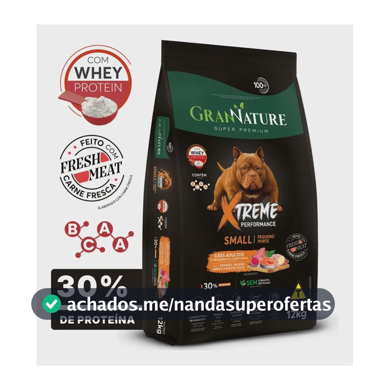 Ração Whey Protein Grannature Xtreme Small Alta Performance 30% Proteína para Cães raças de Pequeno Porte Alimento Seco Sabor Frango Super Premium Com Bcaa Sem Corantes Saúde Articular 12kg